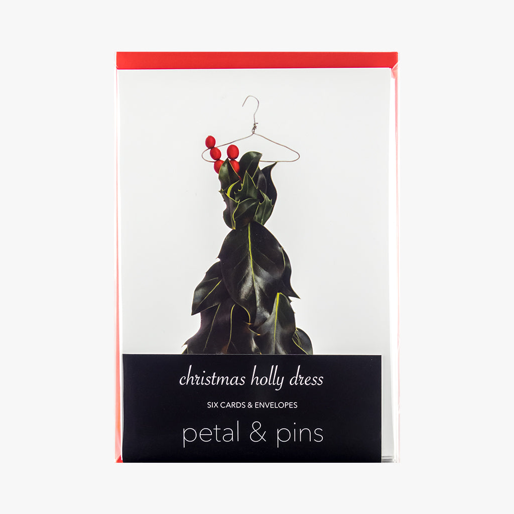 christmas holly dress style 5 cards - pack of six christmas cards by petal & pins