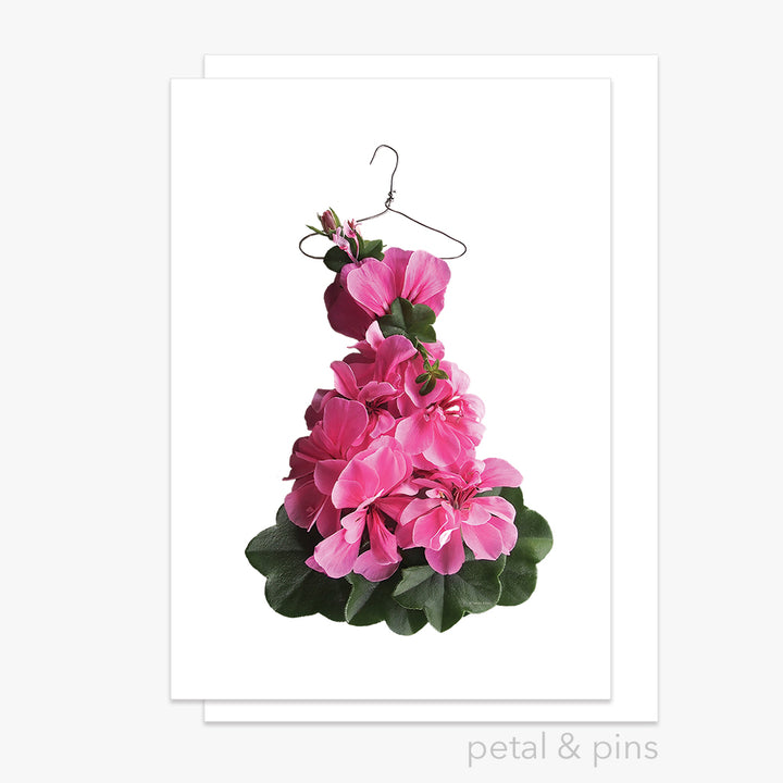 pink geranium dress greeting card by petal & pins