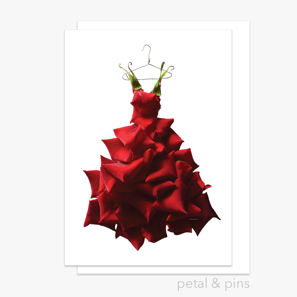 red rose gown greeting card by petal & pins