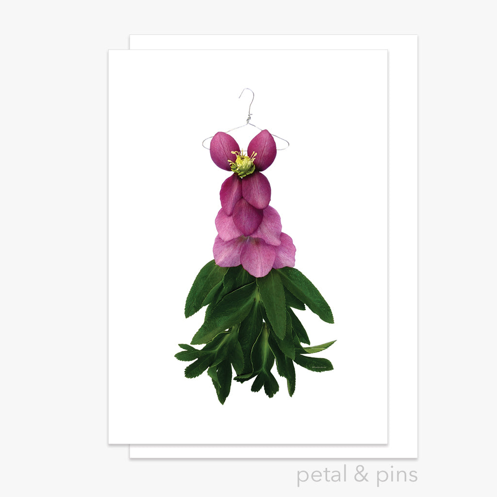 hellebore fishtail dress greeting card by petal & pins