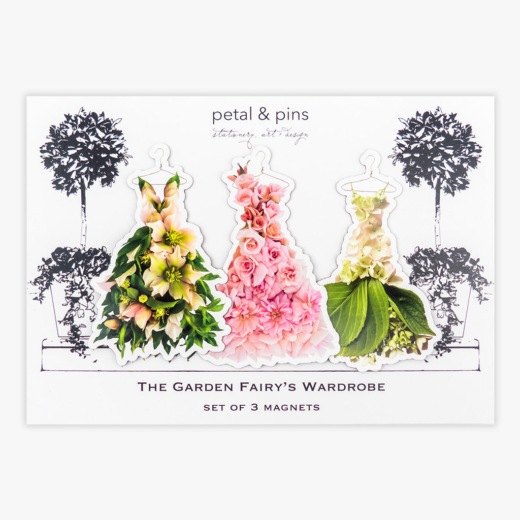 garden fairy's wardrobe set of 3 magnets by petal & pins