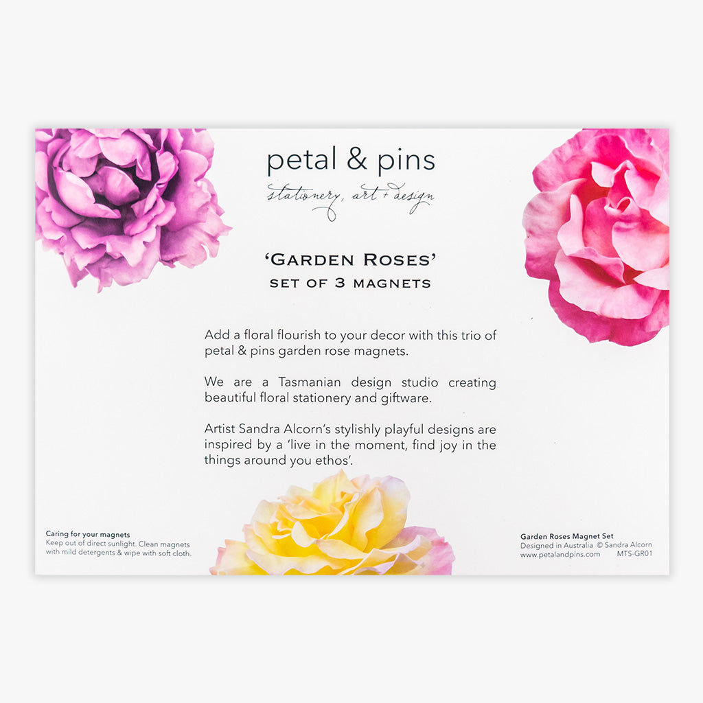 garden roses set of 3 magnets (back of pack) by petal & pins