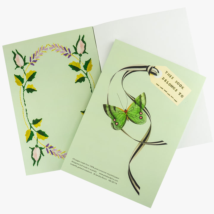 butterfly garland notebook - pistachio - back and inside cover - by petal & pins
