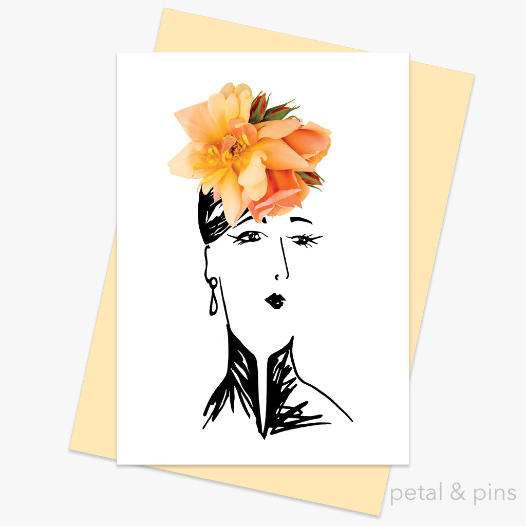 perle d'ore rose hat greeting card by petal & pins