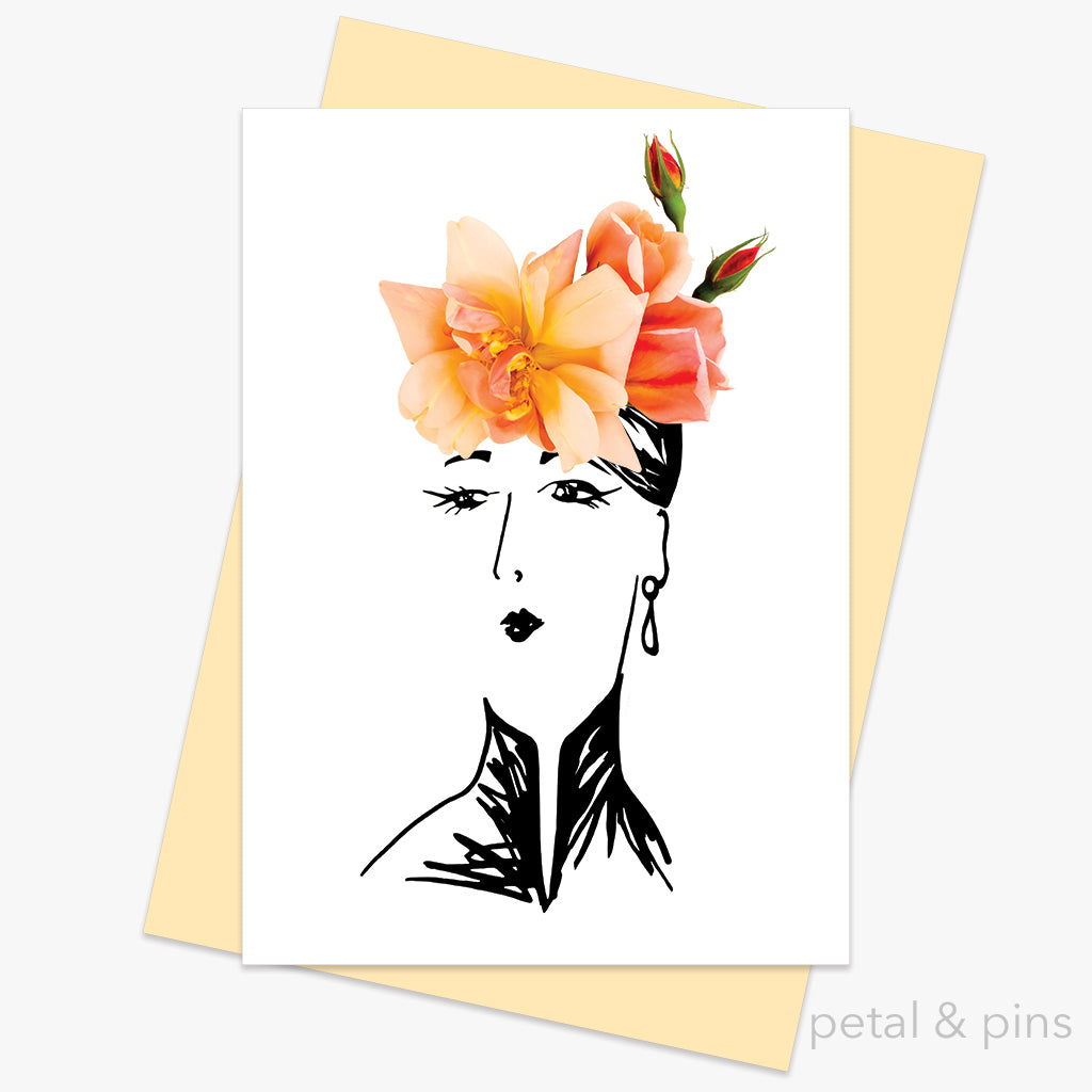 perle d'ore rose hat greeting card by petal & pins