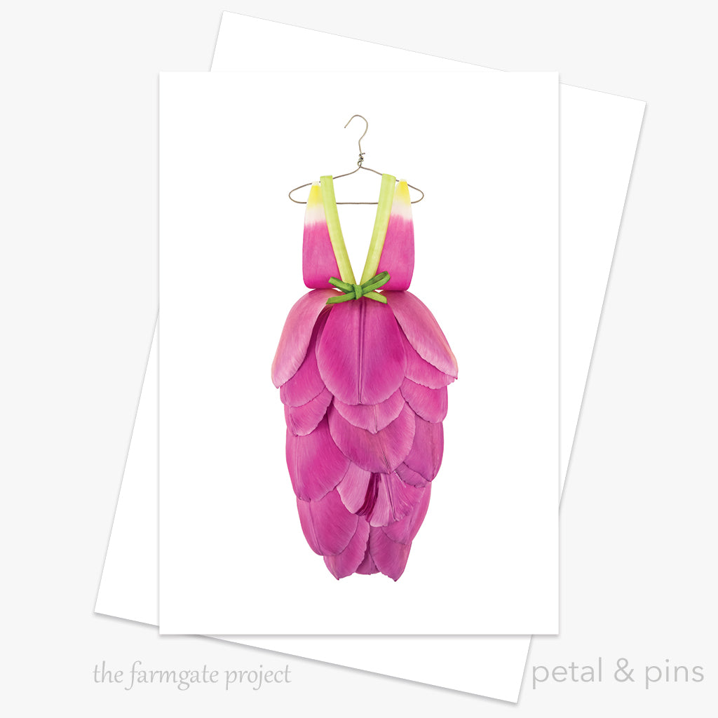 pink tulip dress - floral greeting card by petal & pins for the farmgate project