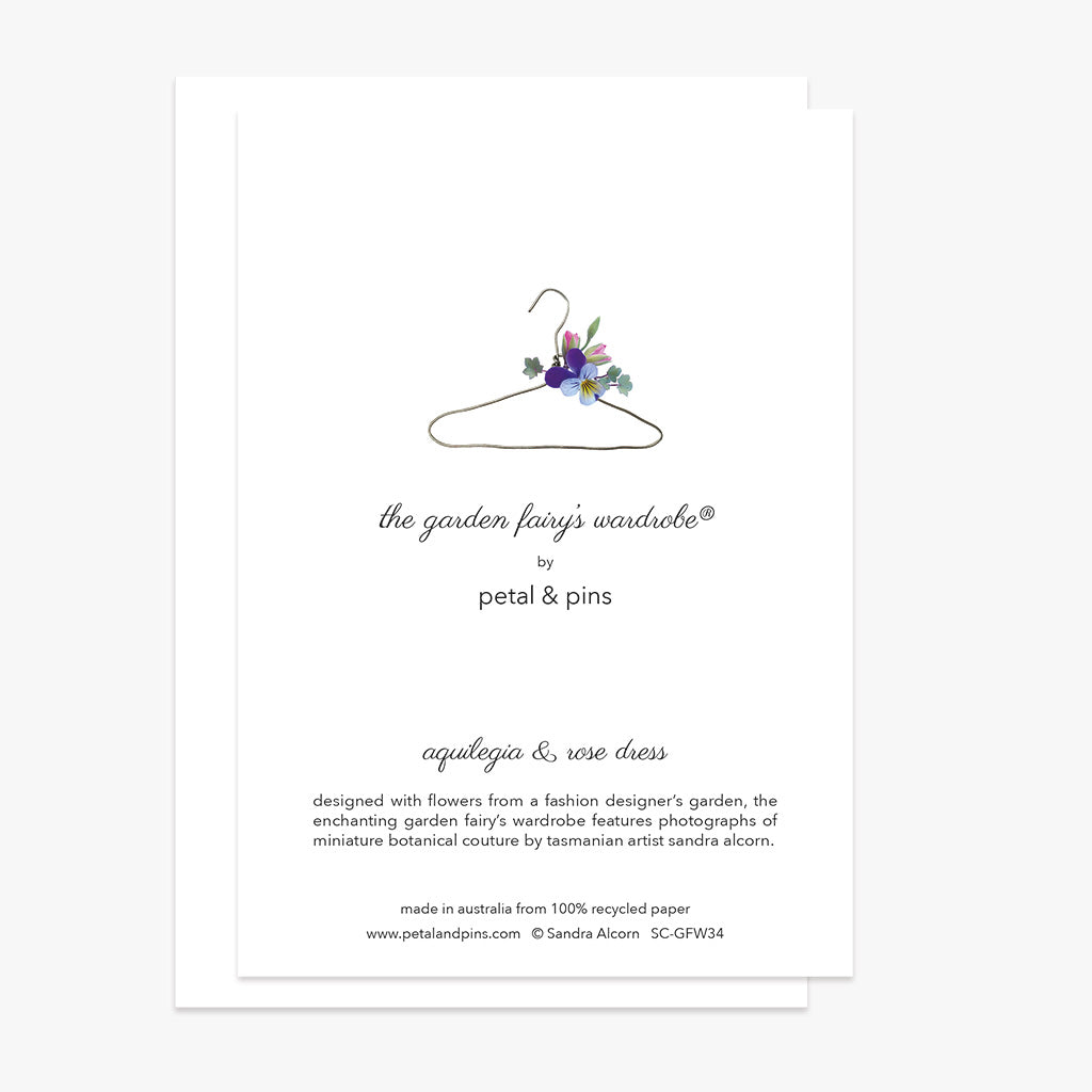 aquilegia and rose dress card back by petal & pins