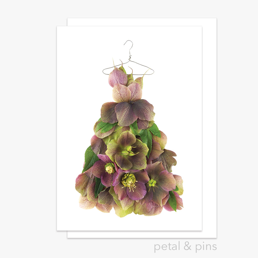 purple & chartreuse hellebore dress greeting card from the garden fairy's wardrobe by petal & pins