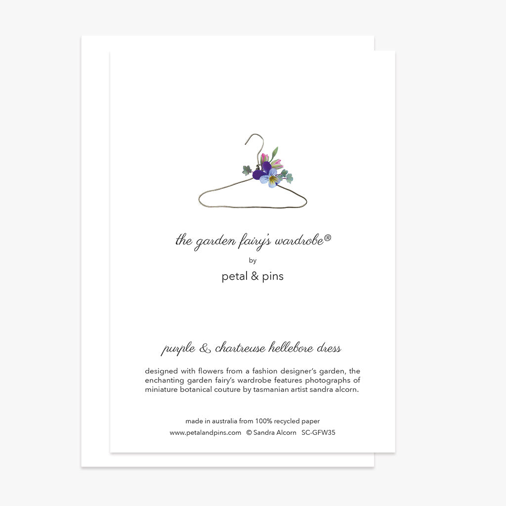 purple and chartreuse hellebore dress card back by petal & pins