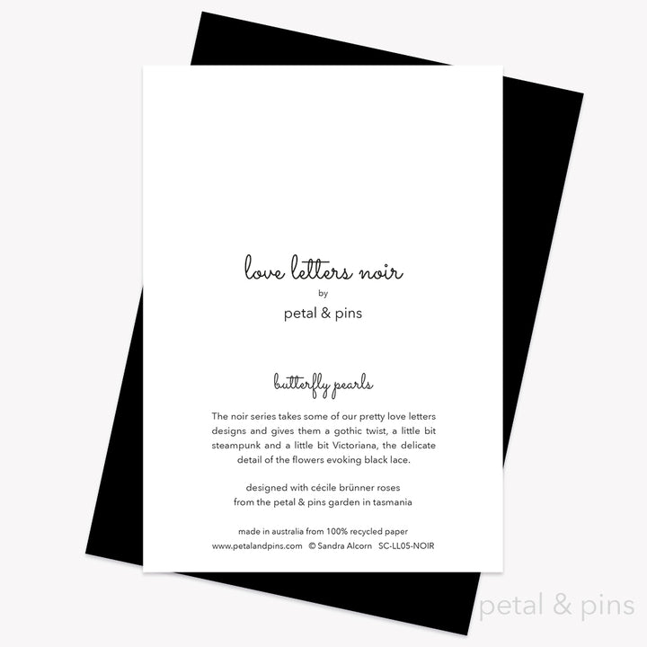 butterfly pearls noir greeting card back from the love letters collection by petal & pins