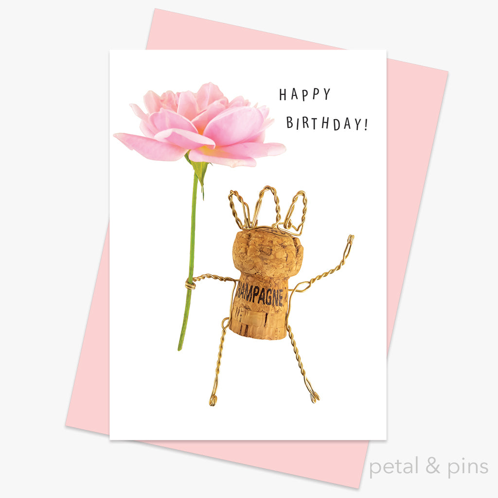 champagne girl happy birthday greeting card by petal & pins