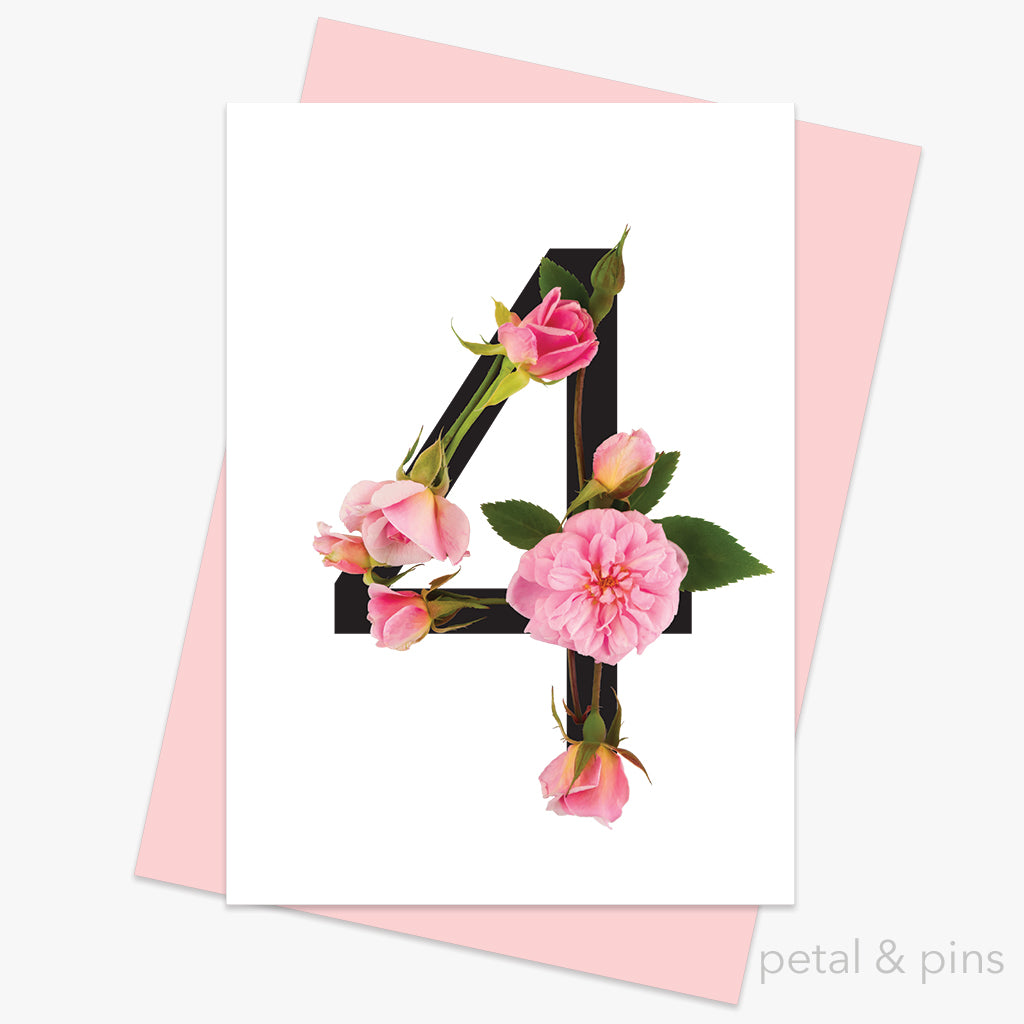celebration roses number 4 card by petal & pins