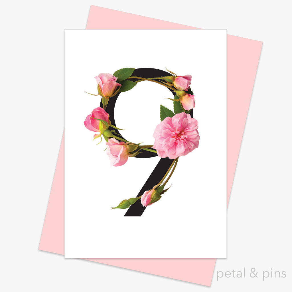 celebration roses number 9 card by petal & pins