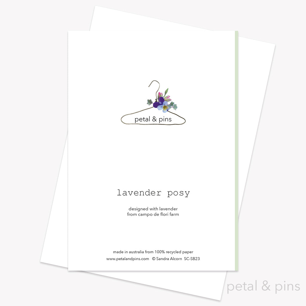 lavender posy greeting card back by petal & pins