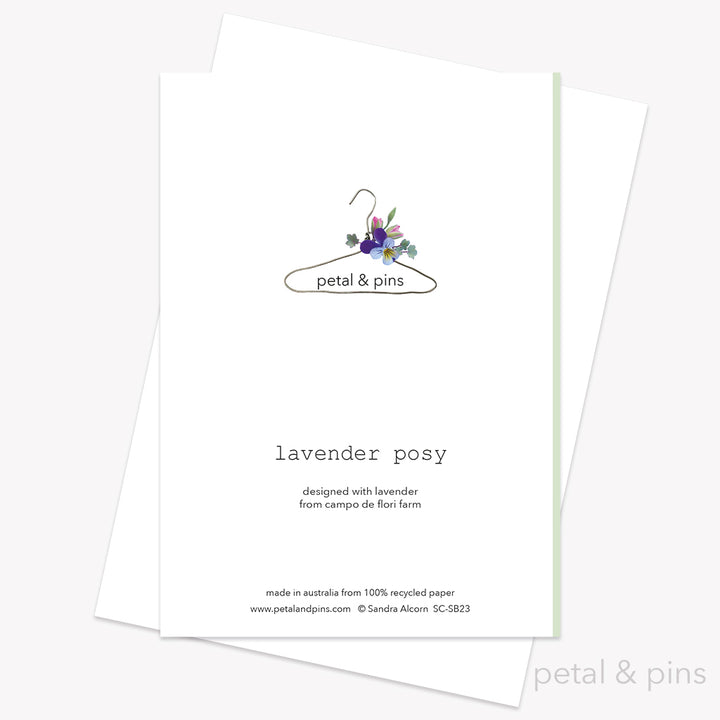 lavender posy greeting card back by petal & pins