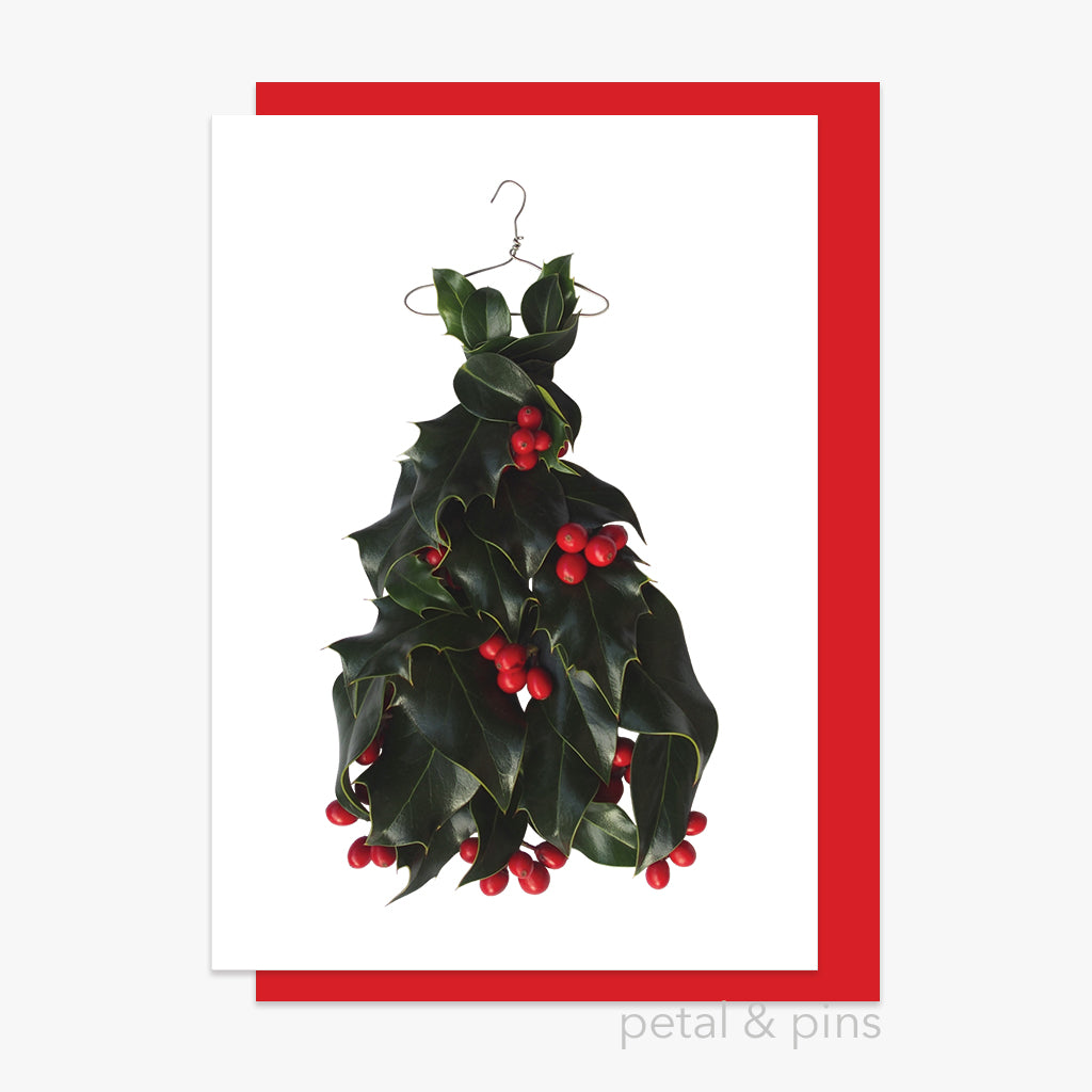 christmas holly dress style 2 card by petal & pins