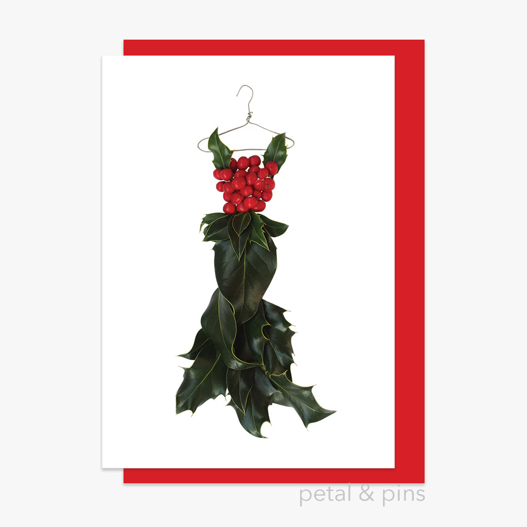 christmas holly dress style 4 card by petal & pins