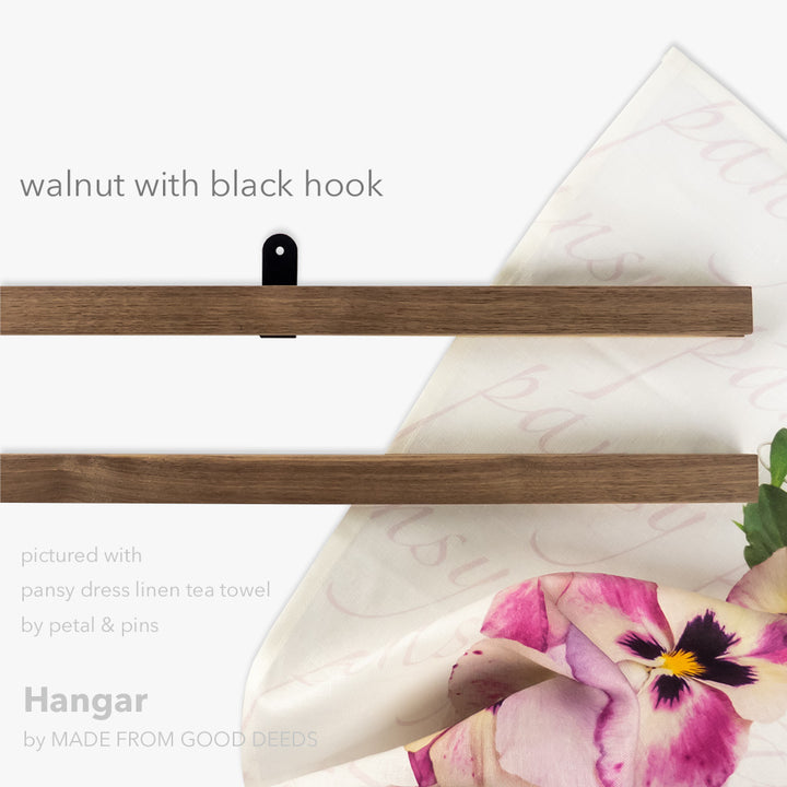 fabric hangar in walnut by made from good deeds with pansy dress tea towel by petal & pins