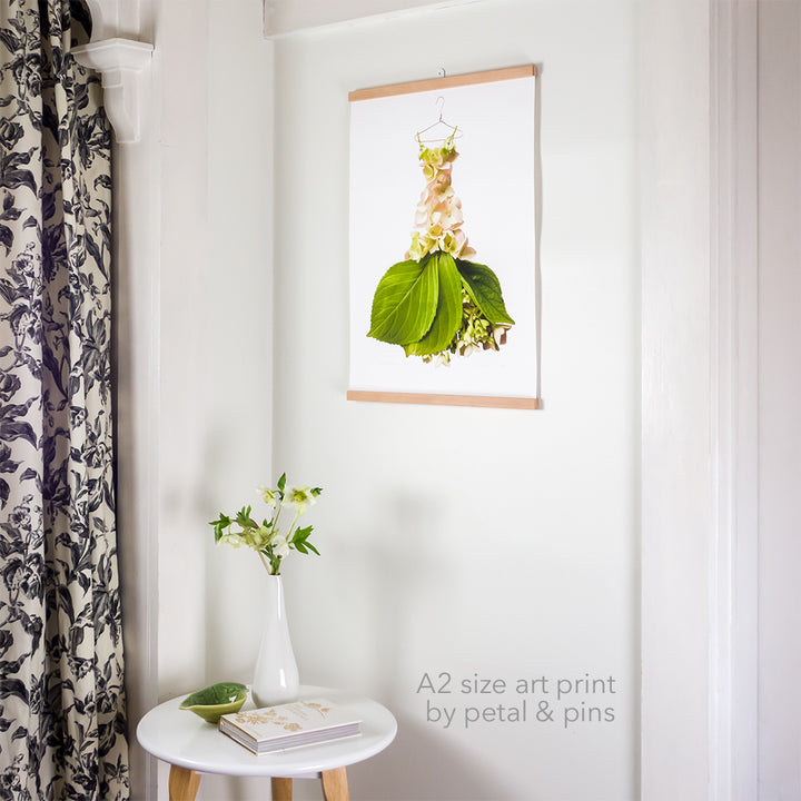 cream hydrangea art print by petal & pins in A2 size hangar frame